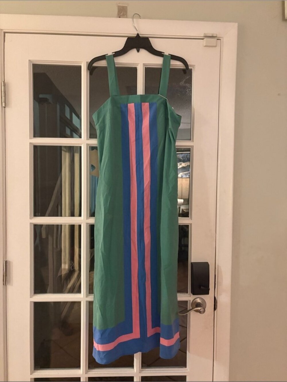 Green Maxi Dress with Pink & Blue Stripe Panel
